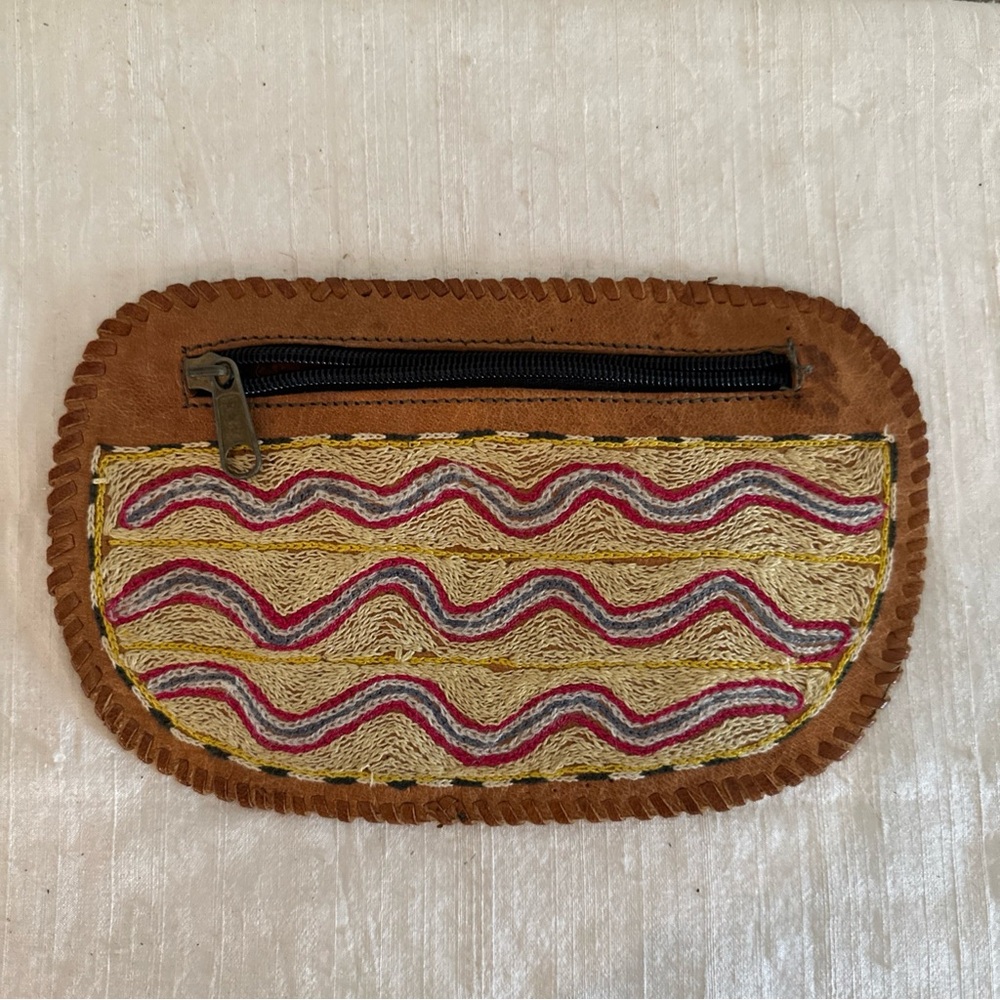 VINTAGE Boho Woven Leather BELT Zip Pouch - Tan & Natural